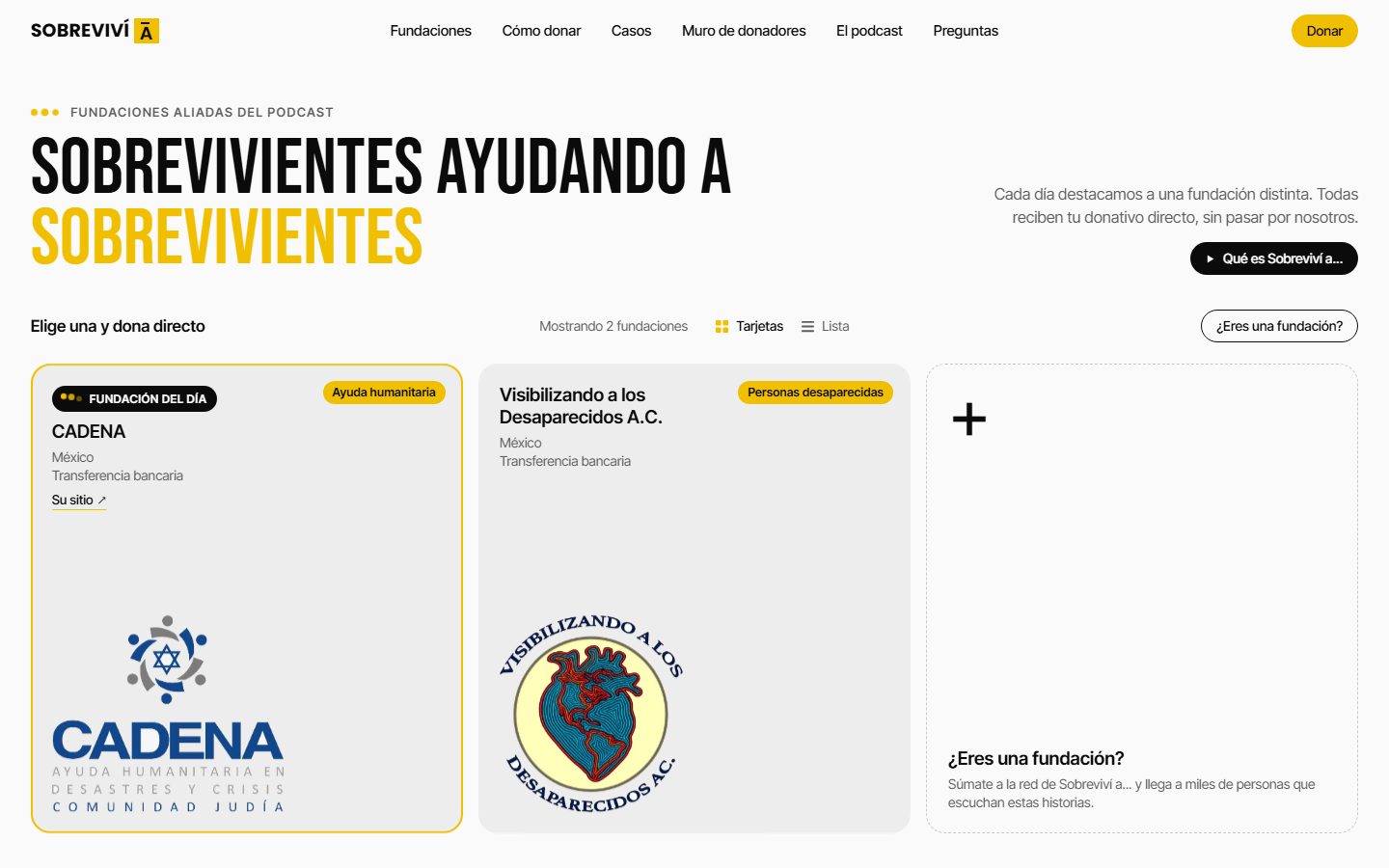 Portada de sobrevivia.org en computadora: fundaciones aliadas del podcast y botón para donar